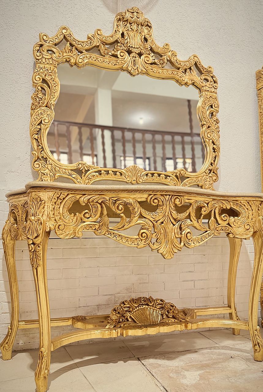 Console Entalhado Folheado a Ouro com Espelho — Unique Royal Styles