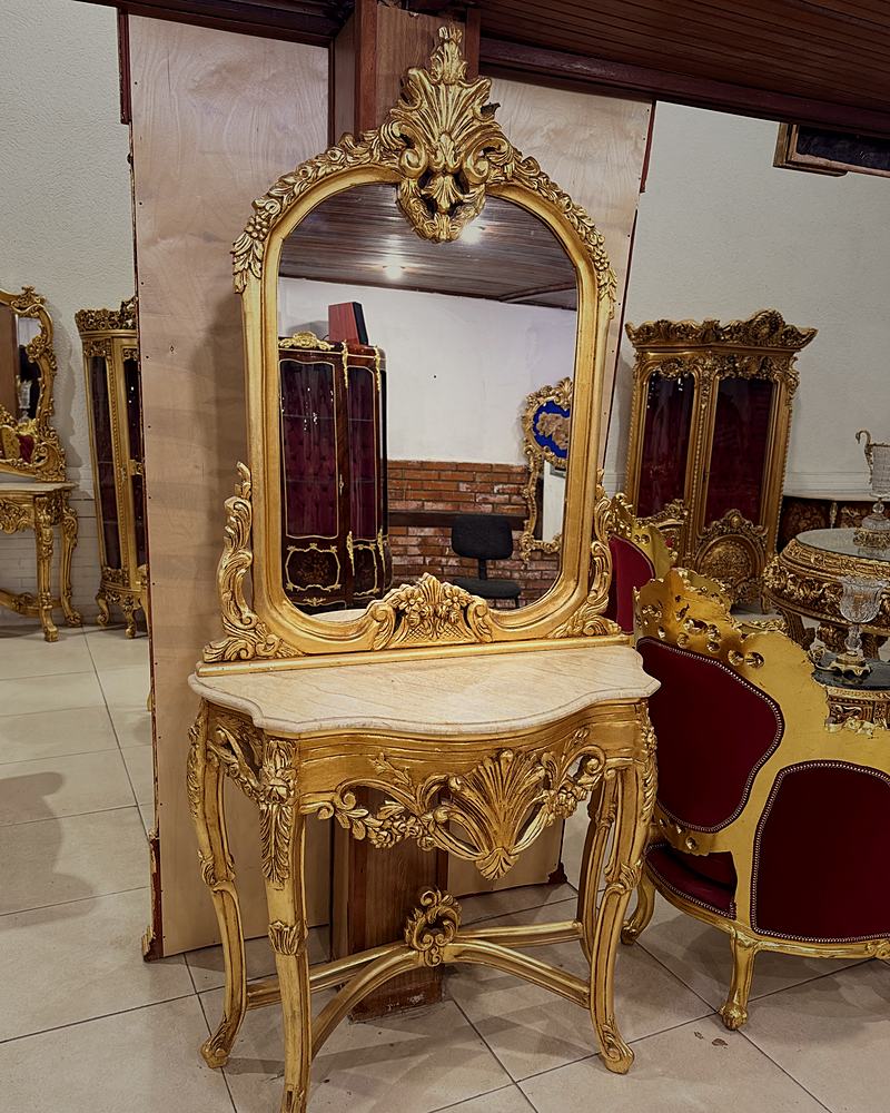 Console Dourado com Espelho e Tampo em Mármore — Unique Royal Styles